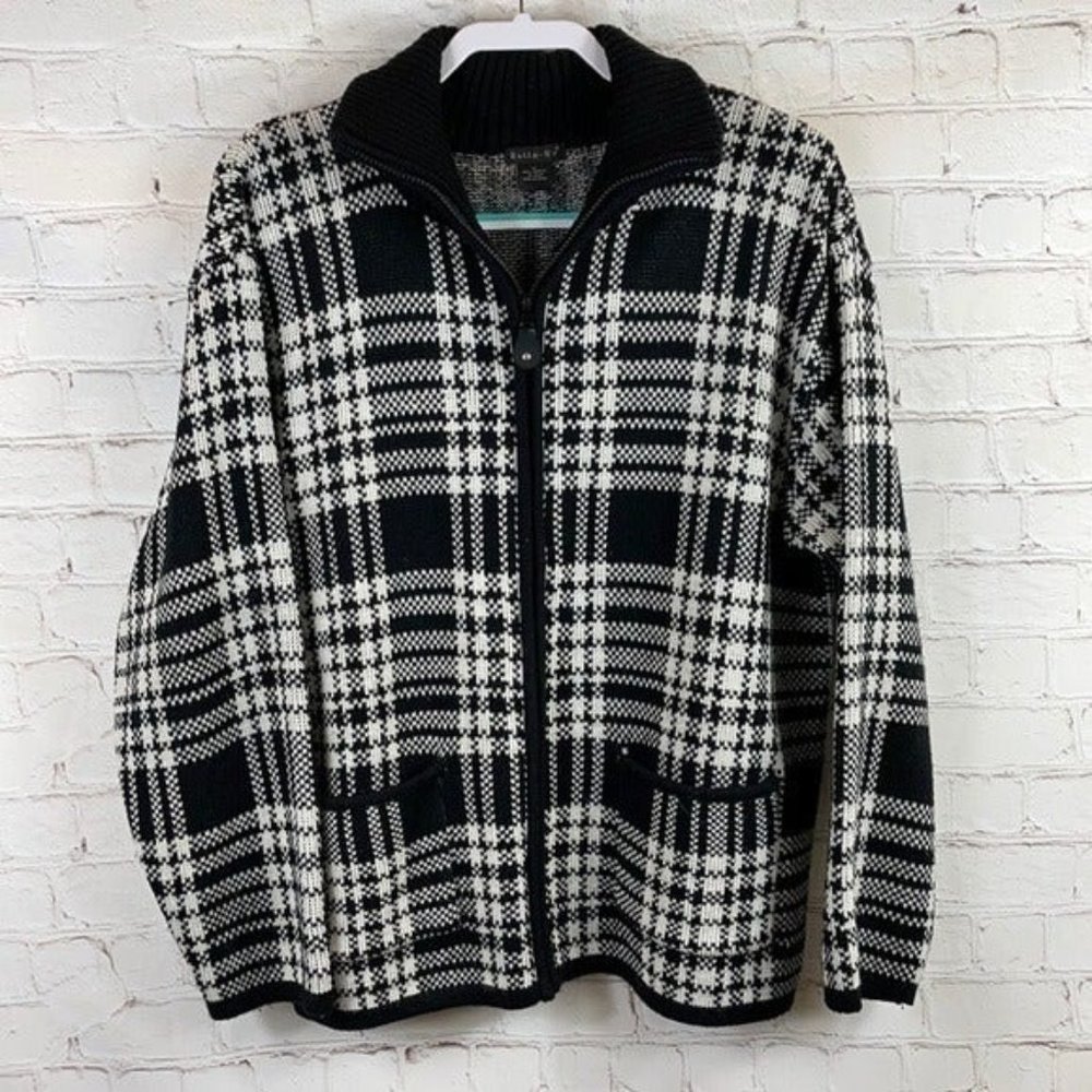 Tally Ho Preppy Tweed Jacket Black White Tartan Academia Plaid Front Zip XL